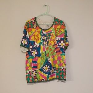 Vintage 80s Sequins beaded Neon Colorblock Top